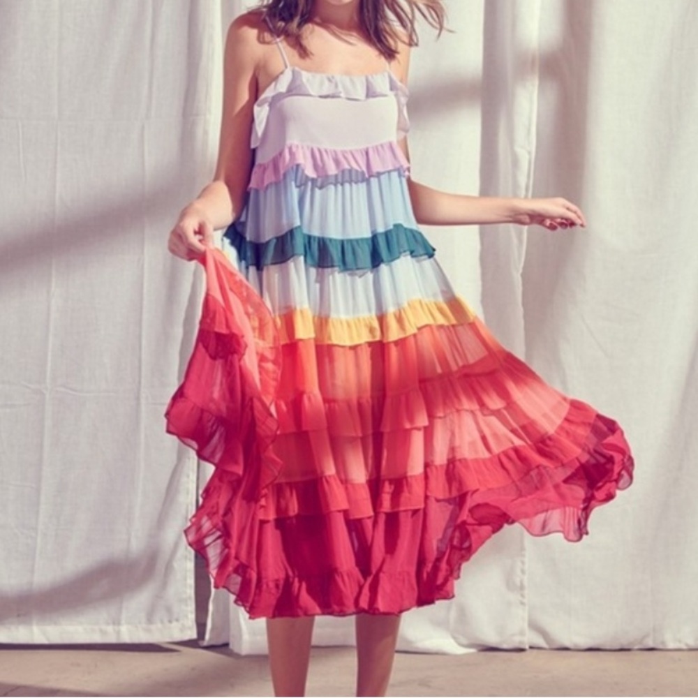 Storia Rainbow Ruffle Tiered Midi Dress